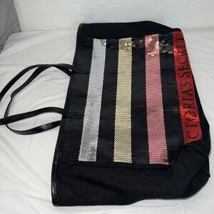 Victoria's Secret Black Multi Color Sequins Shopping Bag Tote 22 X 13 XL Bling